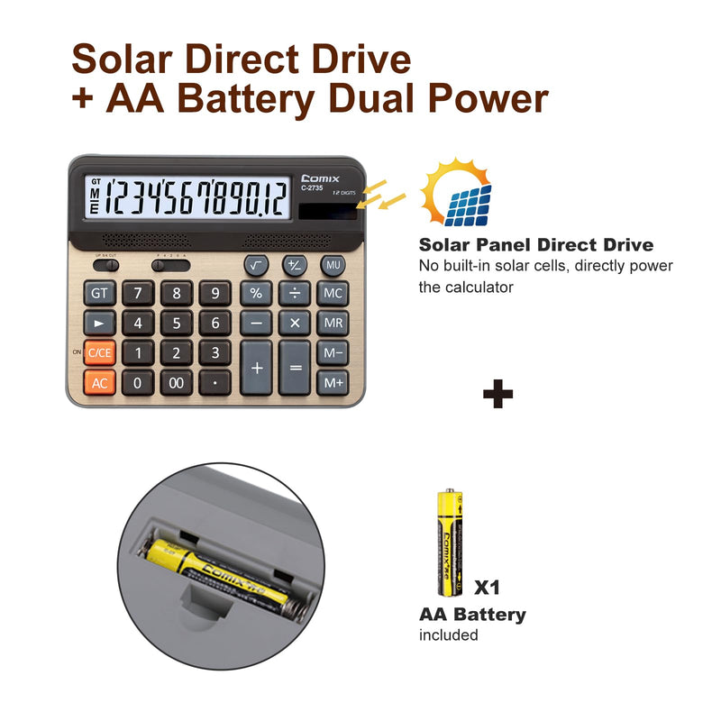 Comix Desktop Calculator, 12 Digits Large Desk Calculator, Gold, 2 Pack | Solar Battery Dual Power, 5 Inch Large LCD Display, Computer Keys, 4 Function Basic Calculator Office Business Home Use