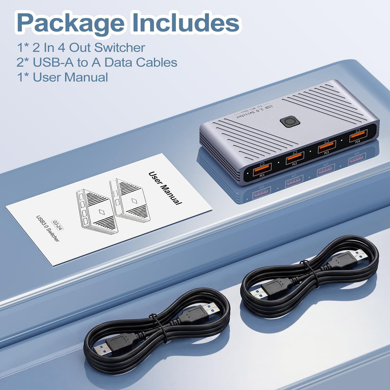 [AUSTRALIA] - USB 3.0 Switch, 4 Computers Sharing 4 USB Devices, One-Button Switcher for Keyboard Mouse Printer Scanner, USB Peripheral Sharing Hub for PC Laptop with 2 USB 3.0 Cables, Aluminum Alloy Case For 4 PCs 