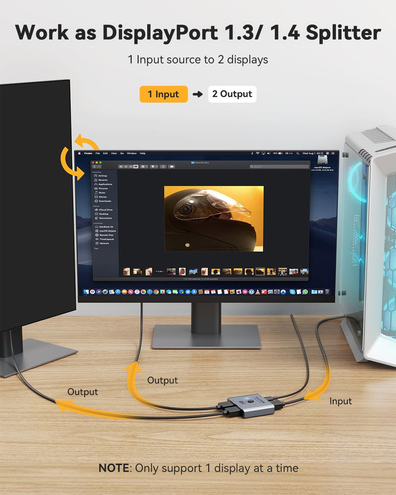 Vilcome DisplayPort Switch 8K Splitter, Plug & Play, One-Button Switching, Bidirectional Display Port Switcher Box 2 in 1 Out/ 1 in 2 Out, 8K@60Hz, 4K@120Hz, 1080P@240Hz for PC Monitor Laptop (Gray) Gray