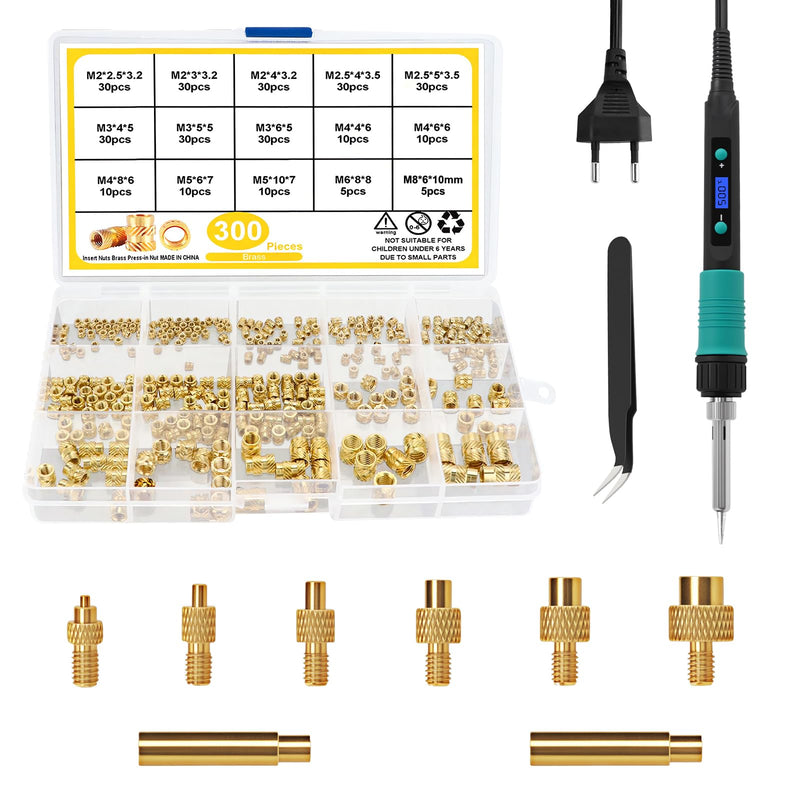 310-Piece Threaded Insert Soldering Tips Set, 100 W LCD Adjustable Temperature Soldering Iron with 6 Soldering Tips, 300 Thread Inserts M2 M2.5 M3 M4 M5 M6 M8 3D Print Melting Nuts etc