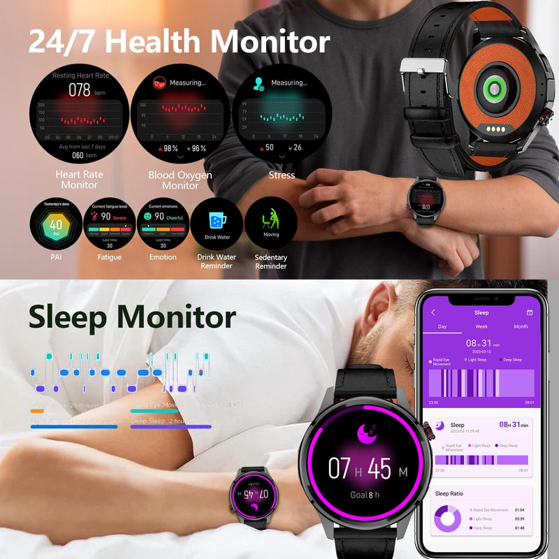 Smart Watch, GPS & Free Maps, AI, Bluetooth Call & Text, Health, Sleep & Fitness Tracker, 100+ Sport Modes, Waterproof, Long Battery Life, Waterproof, Compass, Barometer, 2 Bands Smartwatch for Men Black with GPS+Map