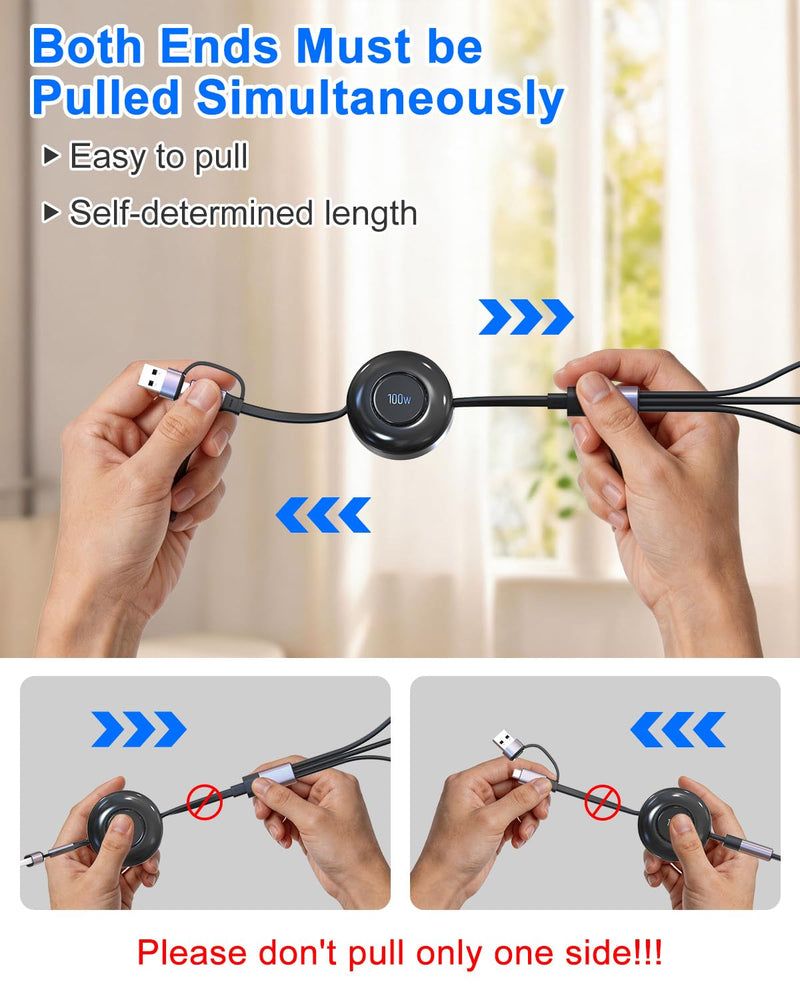 Retractable Multi Charging Cable 100W - 3 in 2 Travel Portable Retractable Charger Cords with 2 USB C and iWatch Charger Port for iPhone 17/16/15 Series, iPad, Apple Watch 11/10/9/8/7/SE Series, 4FT