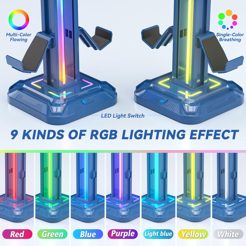 KDD RGB Headset Stand with 9 Light Modes - Controller Holder for Desk - Rotatable Headphone Stand & Detachable Controller Hook for PC Earphone Accessories(Blue) Blue