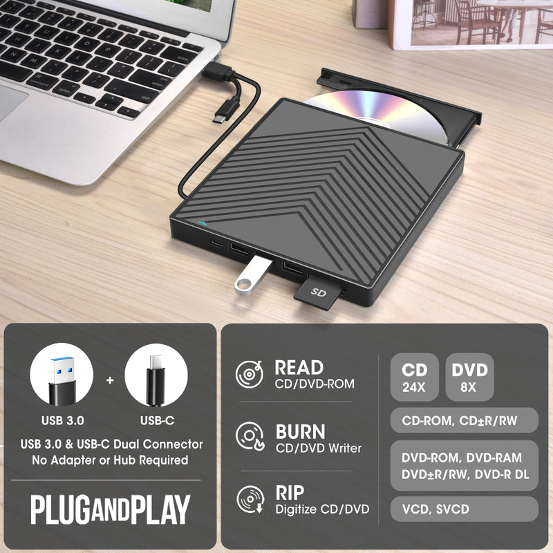 ROOFULL External CD DVD Drive with 4 USB Ports & 2 SD/TF Card Slot (8 in 1) | USB 3.0 Type-C Slim CD DVD Player Burner Reader Writer Optical Disk Drive for Laptop PC, Windows 11/10/7 Linux Mac OS, UL41-Y 8x1 Drive (Slim)