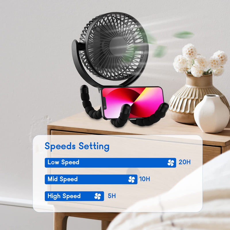 Mini Baby Stroller Fan , 5-Inch Handheld Portable Fan, 3 Speed USB Clip Fan, 5000mAh Rechargeable Desk Fan, with Flexible Tripod, Suitable for Outdoor, Camping ,Treadmill and car TF-28BW-5''