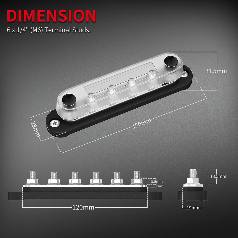 DaierTek Marine Bus Bar 12V 6 x 1/4" (M6) Terminal Studs 12 Volt Bus Bar Power Distribution Block with Cover Max 300V AC 48V DC Positive & Negative Battery Terminal Block for Automotive Car Boat 150A-M6