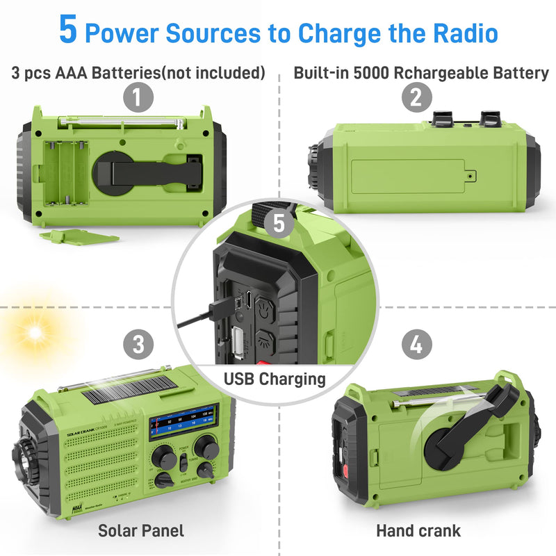 [AUSTRALIA] - NOAA Weather Radio, Emergency Hand Crank Radio with Solar Charger, Portable Battery Operated AM FM Shortwave Radio with LED Flashlight, USB Charger, Earbud Jack, SOS Alert for Home Survival Hurricane Green 