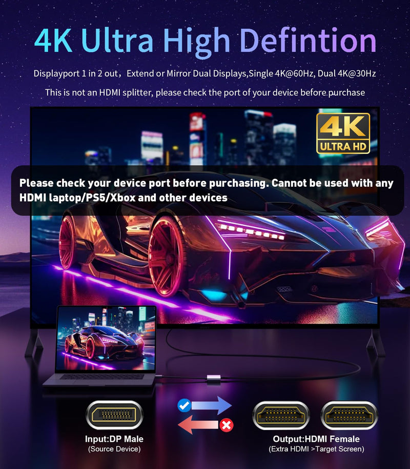 Reborn DisplayPort to Dual HDMI Adapter 4K@60Hz Display Port to HDMI 1 in 2 Out Splitter for Dual Monitor Extended Display, DP Source to 2 HDMI Adapter with PC, Graphics Card, Lenovo, HP and More MST-DP to Dual HDMI Adapter