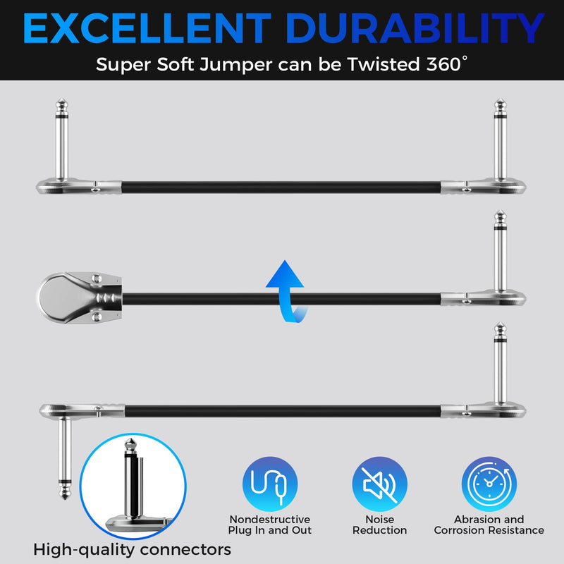 Guitar Pedal Patch Cable 6 Pack, Short Pedal Board Cord 6.35mm (1/4 inch) Right-Angle Flat Audio Adapter TS Male Connector for Effects Pedals - 6 Inch 6.35mm Male to Male Cable