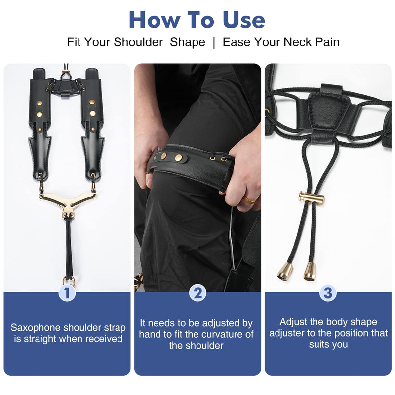 Saxophone Shoulder Strap, Double Shoulder Leather Adjustable Sax Strap with Metal Beam & Sturdy Adjuster, Reduce Neck Stress, Good Comfort, for Alto/Tenor/Baritone/Soprano Saxophone