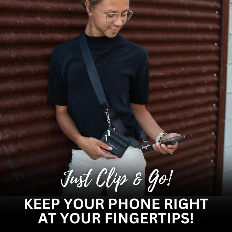 Save the Girls Clip & Go Phone Lanyard Crossbody Strap with Wallet, Black | Crossbody Cell Phone Lanyard Strap with Zippered Wallet Pouch. Adjustable, Anti-Theft Hands-Free Phone Holder for Women. Black - Black Pouch