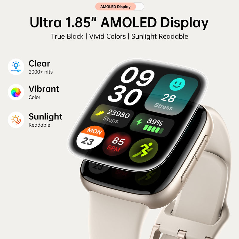 Smart Watches for Women Men, 1.85" HD AMOLED Smart Watch for Android iPhone, 3ATM Waterproof, Bluetooth Calls/Messages, SpO2/Heart Rate Monitor, Sleep Tracker, 120+ Sports Modes Fitness Watch, 2 Bands Beige