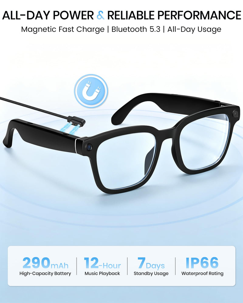 Smart Glasses with Camera and Bluetooth,HD Video Recording,Clear Lens | Voice Control,Open-Ear Bluetooth Audio, Hands-Free Calls Multi-Language Translation, Anti-Shake Video Photo Capture Black-Clear Lens