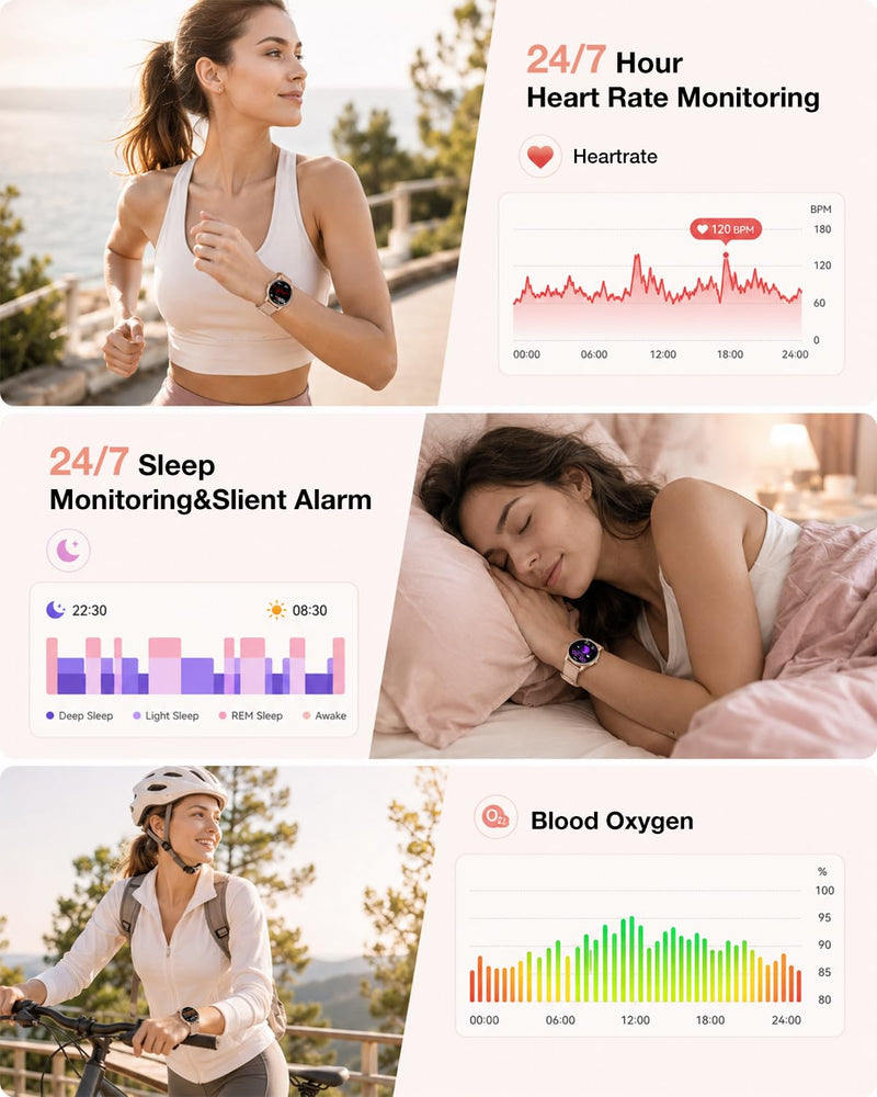 Smart Watch for Women, 1.27"Fitness Tracker with IP68, 4Bands, iOS/Android | Bluetooth Call & Answer, 130+ Sports Modes with Heart Rate/Sleep Monitor, Round Rose Gold Watch for Gift