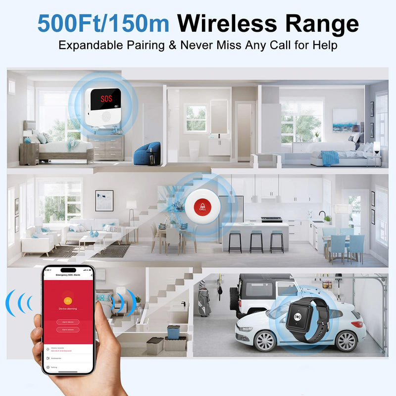 WiFi Rechargable Caregiver Pager Call Button Emergency Alert System Life Alert Button for Seniors Patient Disabled Elderly 1 Call Button 1 Watch Button 1 Receiver(only Supports 2.4GHz Wi-Fi)