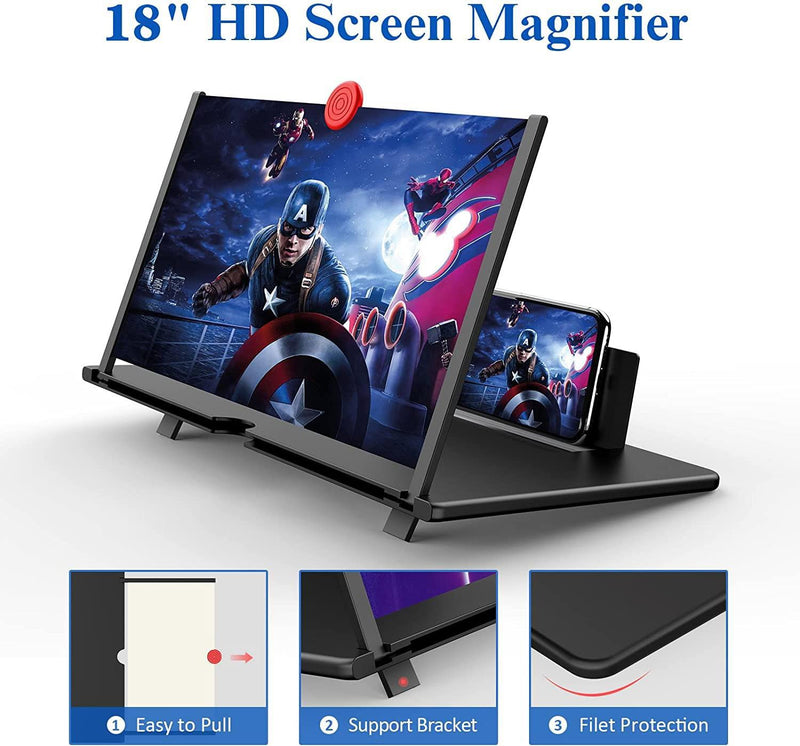 18" Screen Magnifier – 3D HD Cell Phone Magnifing Screen Enlarger Projector for Movies Videos and Gaming – Foldable Phone Stand Holder with Screen Amplifier Compatible with All Smartphones Black -18 Inch