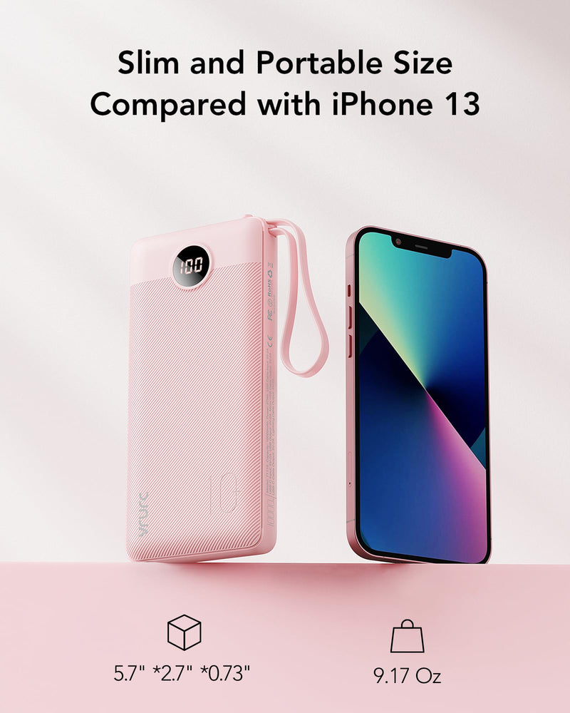 VRURC Portable Charger 10000mAh, Slim LED Display Power Bank, 5 Output 2 Input Cell Phone Battery Pack, Built-in Micro & USB C Cables Phone Charger Compatible with iPhone,Samsung,Android-Pink(1 Pack) Pink