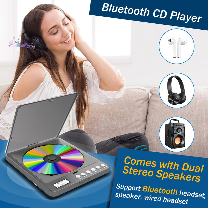 [AUSTRALIA] - Portable CD Player with Bluetooth and FM Transmitter, 2000mAh Rechargeable Bluetooth CD Players with Speakers Dual Headphones Jack Anti-Skip cd Player for Car Home Adults Kids 766-Bluetooth Black 