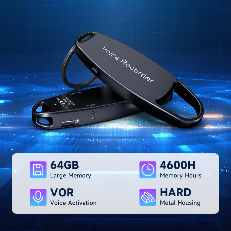 [AUSTRALIA] - 64GB Digtial Voice Recorder with Playback, 1536kbps Vormooi Metal Voice Activated Tape Recorder with DSP Noise Reduction Chip, Clear Recordings Ideal for Your Personal Study Record 64GB 