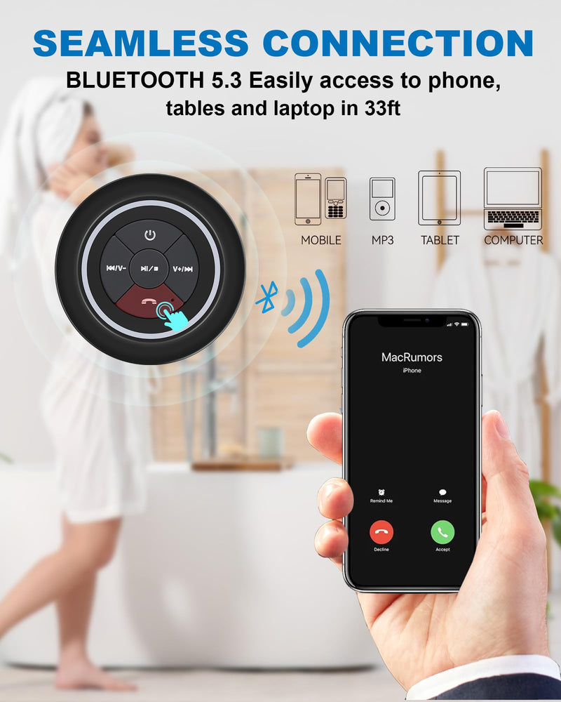 [AUSTRALIA] - Bluetooth Shower Speaker, Portable Bluetooth Speakers, IP67 Waterproof Speaker with Suction Cup, Floating, Crystal Sound, Ideal for Outdoor Beach Pool, Great Gifts Black 
