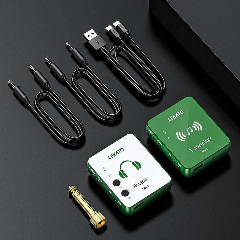LEKATO Wireless in Ear Monitor System, 2.4G Stereo Wireless IEM System with Transmitter Beltpack Receiver Automatic Pairing, for Studio, Band Rehearsal, Live Performance,Green Green