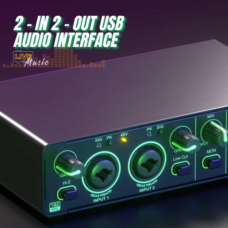 24Bit 192kHz Audio Interface, 2 In 2 Out USB Audio Interface for Recording, Streaming, Podcasting with Pro Audio Mixer, Mic Preamplifier, XLR TSR TS Ports, 48V Phantom Power