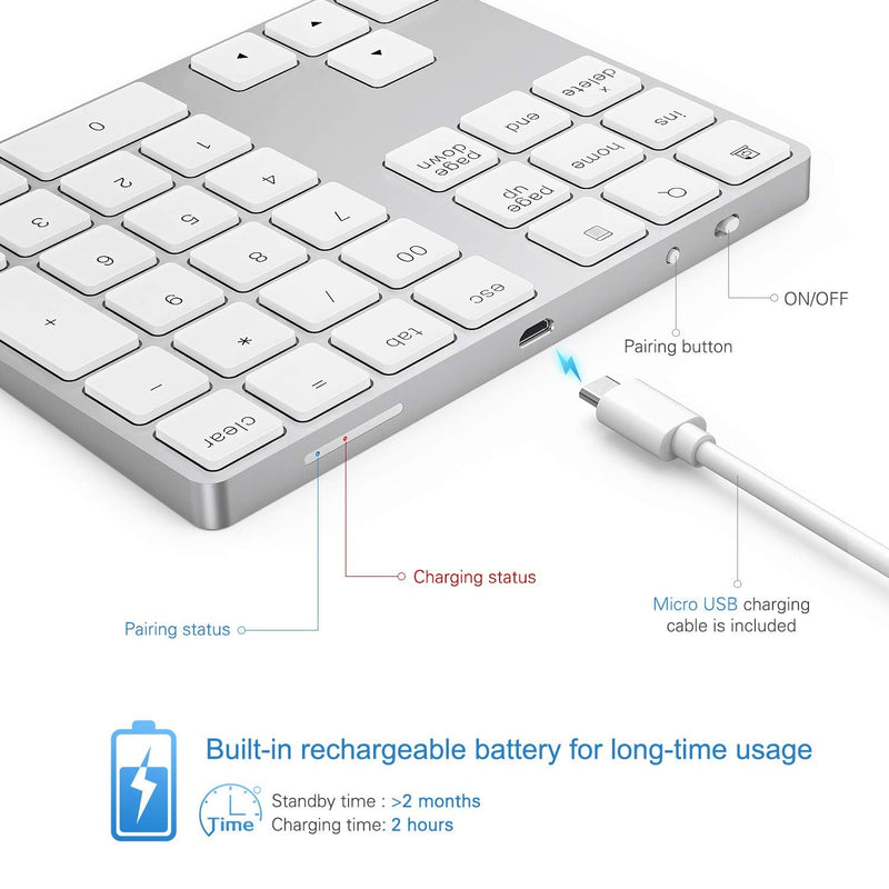 Bluetooth Number Pad, Lekvey Aluminum Rechargeable Wireless Numeric Keypad Slim 34-Keys External Numpad Keyboard Data Entry for Laptop, MacBook, MacBook Air/Pro, iMac, Windows, Surface Pro - Silver White and Silver