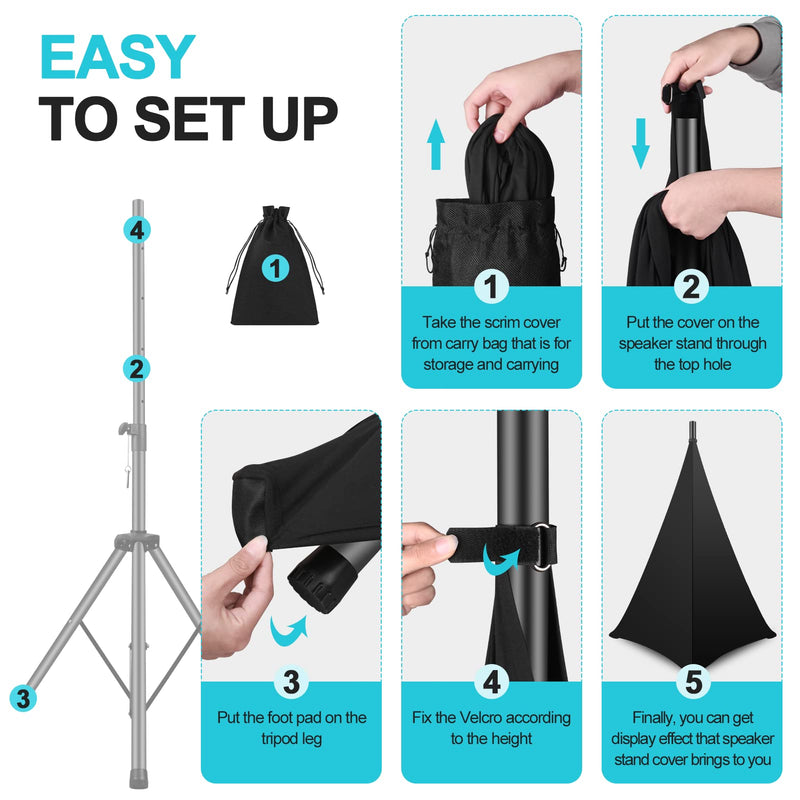 Speaker Stand Cover, DJ Speaker Stretch Cover Black, 360 Degree Speaker Stand Tripod Cover Skirt with Storage Bag for Stage Gig, Wedding and Banquet Event- 2 Pack
