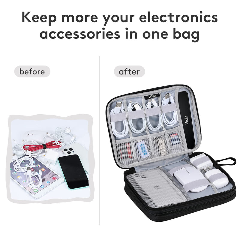 DDgro Travel Electronics Organizer Pouch Bag for Tech Gadgets & Airplane Accessories, for Cables/Cords & Chargers/iPad Mini/Kindle (Large, Black) Black-Large Large