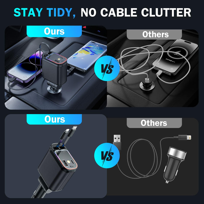 Car Charger with Starlight, 66W USB C Car Charger Adapter, 4 in 1 Retractable Car Charger with 2 USB Ports Car Phone Charger, Fast Car Charger for iPhone16/15/14/13/12/11 and for Android (Black) Black