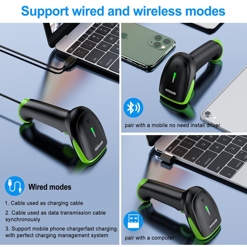 [AUSTRALIA] - Symcode Wireless Bluetooth Barcode Scanner,Bluetooth & USB Wired & 2.4G Wireless Connection Ergonomics Handheld Barcode Scanner Reader, 2D 1D QR Code Automatic Fast Precise scanning Scanner Green 