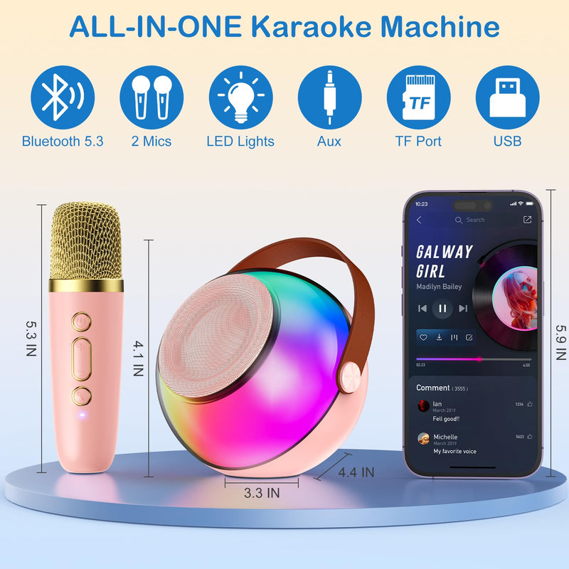 Mini Karaoke Machine for Kids Adults, Portable Bluetooth Speaker with 2 Wireless Microphones, Karaoke Toys for Family Party, Birthday Gifts for Girls Ages 4, 5, 6, 7, 8, 9, 10, 12+ (Pink, 2 Mics) Pink