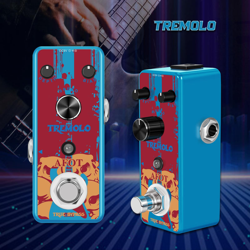 Classic Tremolo Guitar Effects Pedal for Electric Guitar and Bass - Analog Photoelectric Tremolo With True Bypass, Mini Size Blue Tremolo