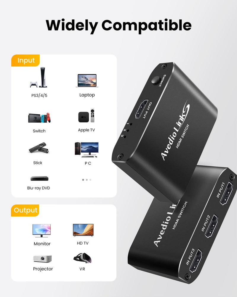 [AUSTRALIA] - HDMI Switch 3-Port 4K@60Hz Aluminum Alloy[with 4FT HDMI 2.0 Cable], avedio links 4K HDMI Switcher, 3 Way HDMI Selector Switch, HDMI Switch 3 in 1 Out Support HDCP 2.2, HDR 10, for PS5, PS4 (Black) Aluminum Alloy 4K@60Hz 3x1 Black 