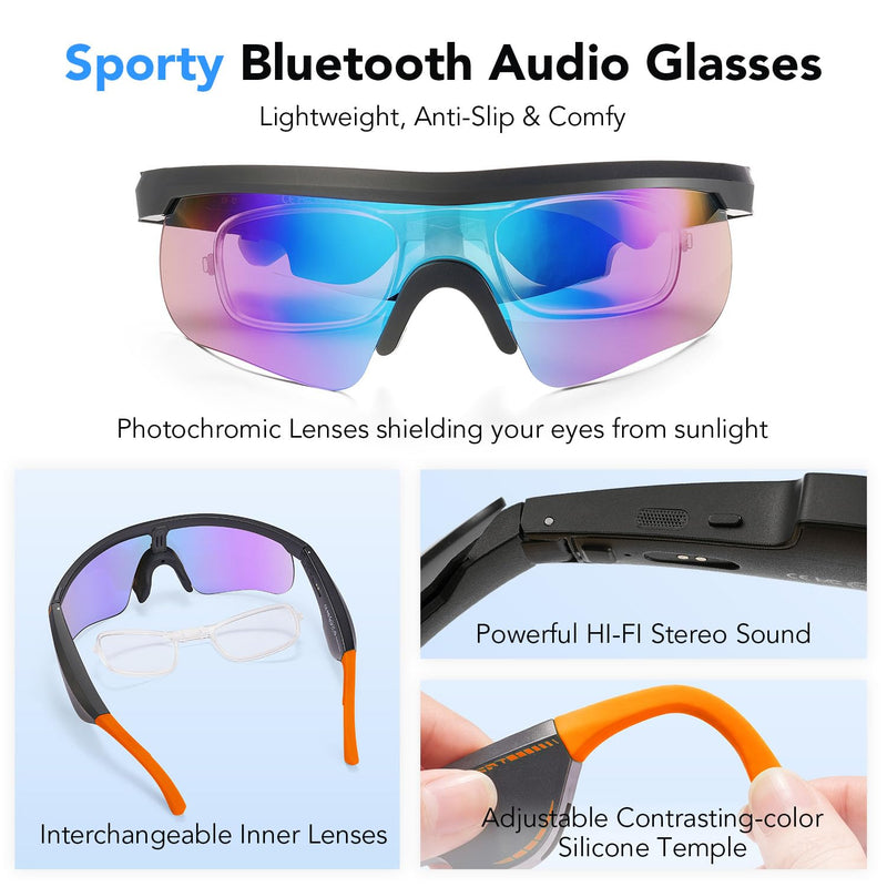 Sporty Bluetooth Safety Audio Glasses with Enhanced Mic Silicone Sleeve | King Will, Water-Resistant & UV Protection, For Cycling & Outdoor, Enhanced HIFI Stereo Effects, Fast Charging, 8H Playtime