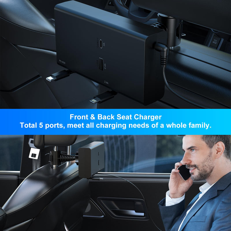Multi Car Retractable Backseat Car Charger 5 in 1 Car Charging Station Box for iPhone/Samsung, 60W Cigarette Lighter Adapter Uber Taxi Lyft Turo Share Ride Customer Charging Dock Attach to Headrest