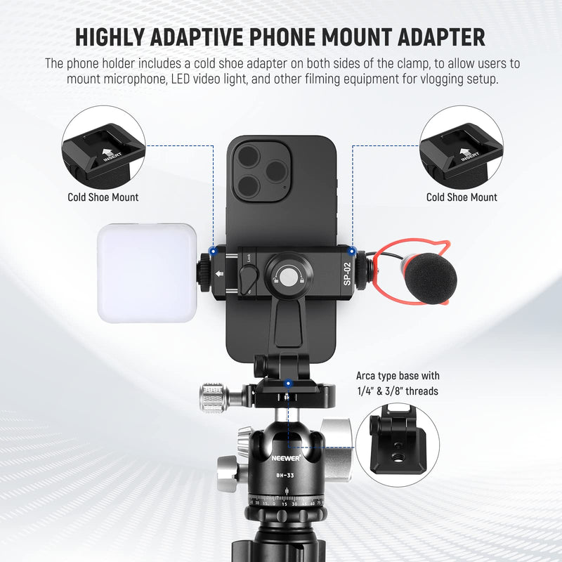 [AUSTRALIA] - NEEWER Metal Phone Tripod Mount Adapter with Arca QR Base, Cold Shoe, 360° Swivel 180° Tilt, Phone Holder Compatible with iPhone 15 Pro Max Galaxy S24 SP-02 