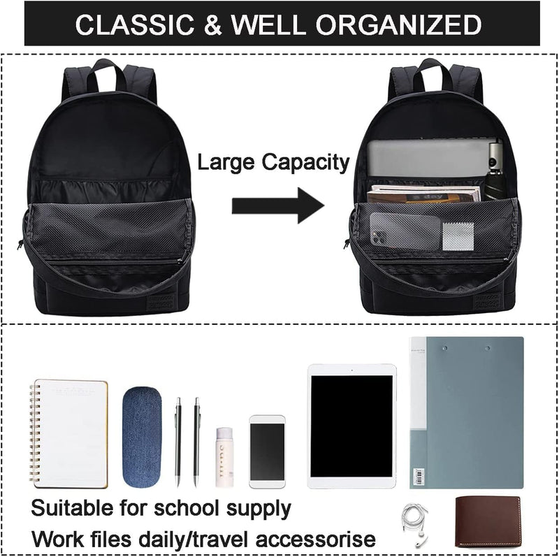 SUPACOOL Lightweight Casual Laptop Backpack with USB Charging Port For for Men and Women, Daily use backpack, Backpack for College (Full Black) Full Black