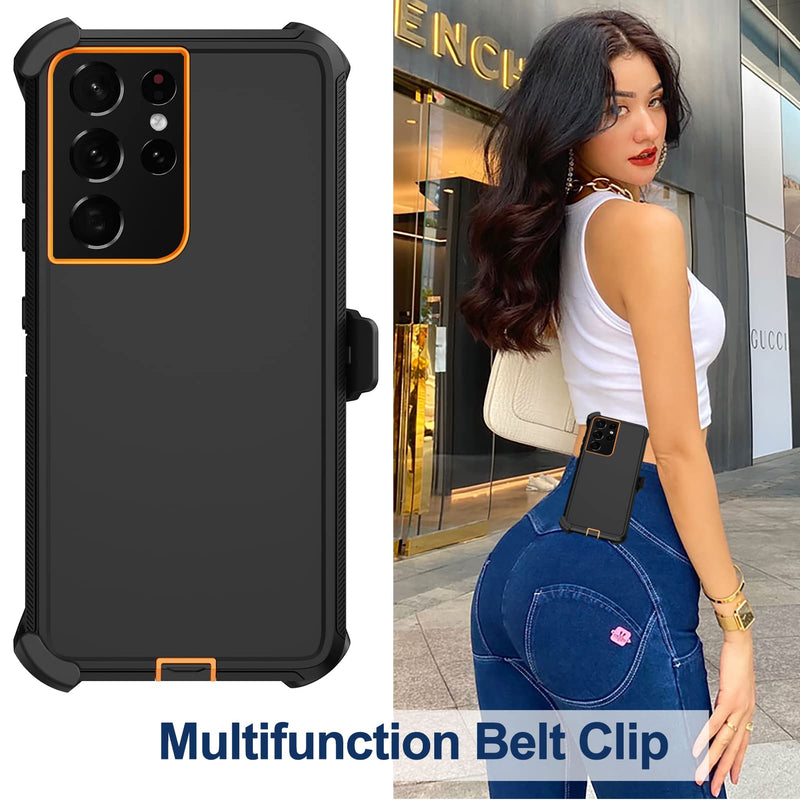for Samsung Galaxy S21 Ultra Case with Belt Clip Holster, 2X Screen Protector, Heavy Duty Full Body Shockproof Drop-Proof Rugged Protective Cover for Samsung Galaxy S21 Ultra 5G 6.8 inch (Orange) Orange