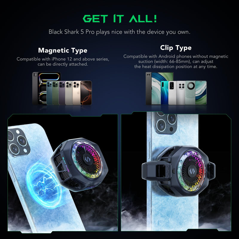 Black Shark Magnetic Phone Cooler 5 Pro - 18 Addressable RGB LEDs, Detachable Grip, APP-Controlled Thermostatic Cooling Fan for iPhone MagSafe/Android/iPad -Gaming/Streaming/Photography 5 Pro Black