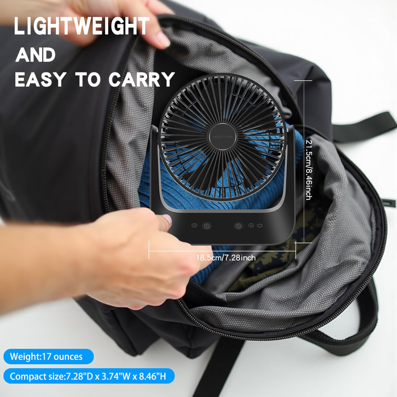 5000mAh Small Desk Fan 6-Inch, Portable Desktop Fan with Intelligent temperature control function,Small Battery Operated USB Fan with Light & Hook for Bedroom, Home, Office, Travel & Cruise M BK