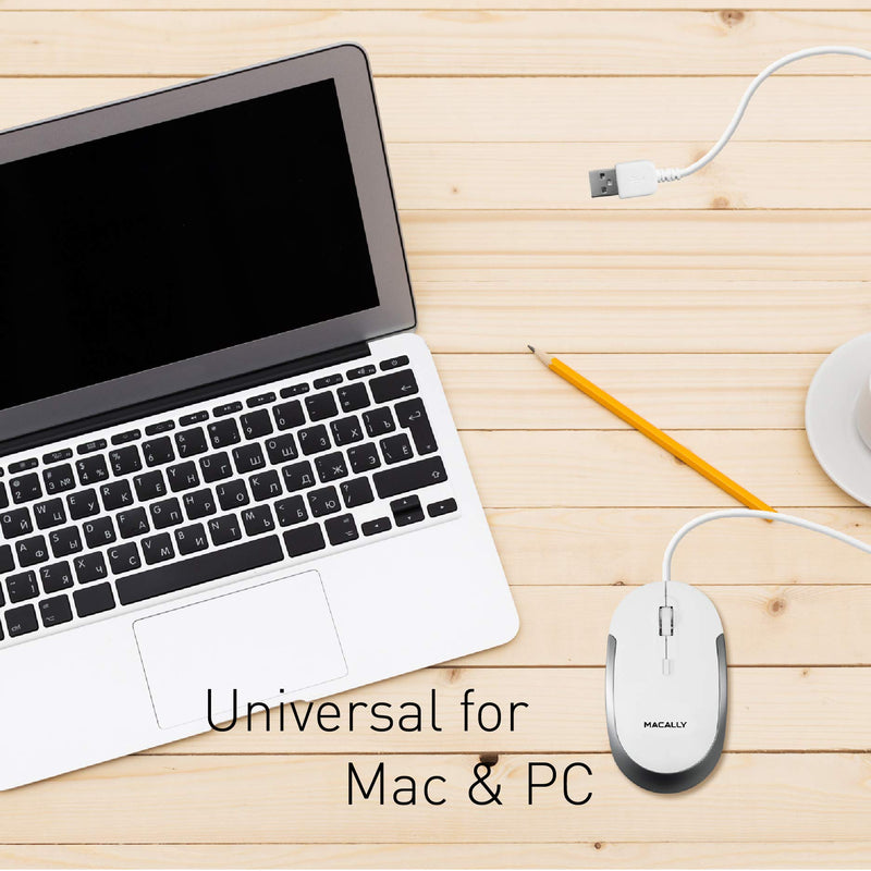 Macally Silent Wired Mouse - Slim & Compact USB Mouse for Laptop/Desktop Windows PC or Apple Mac - Designed with Optical Sensor & DPI Switch - Simple & Comfortable Wired Computer Mouse (White) White with Silver Trim