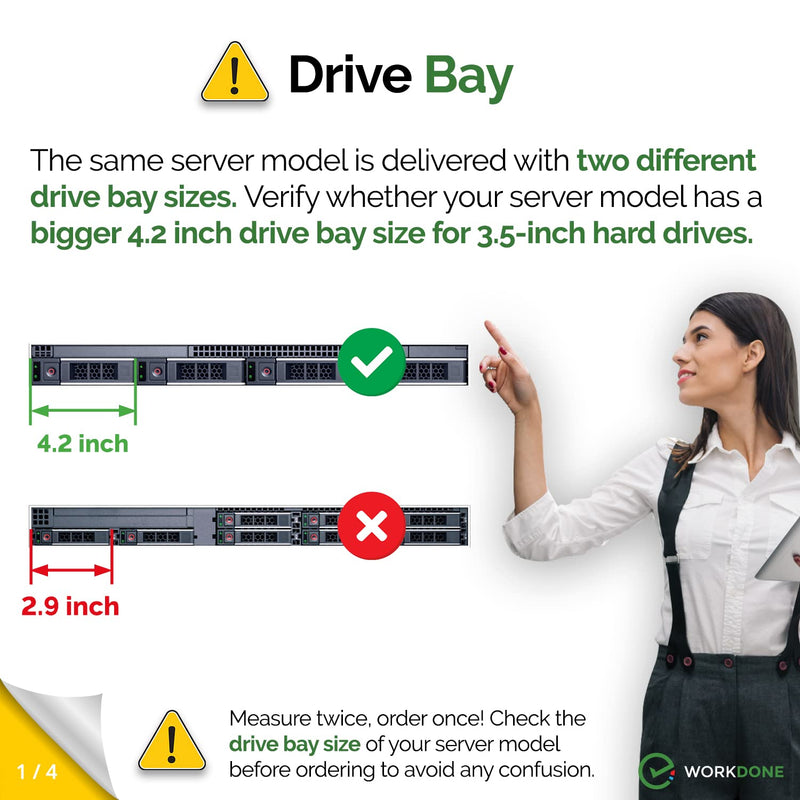 WORKDONE 4-Pack 3.5" LFF Carrier - fits Dell PowerEdge 17-14th Gen Y796F | Only for bigger 4.2" Wide Hot-Swap Bay, R250 R350 T350 R450 T550 R550 R650xs R750xs R6515 R6525 R7515, Labels, Manual, Screws
