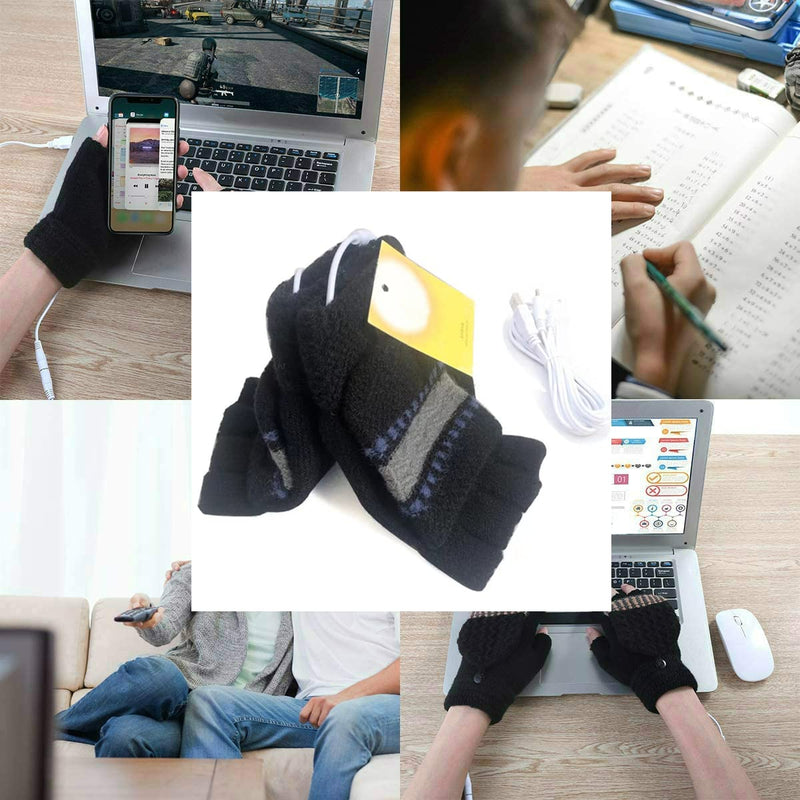 Women's & Men's USB Heated Gloves Mitten Winter Hands Warm Laptop Gloves, Knitting Hands Full & Half Heated Fingerless Heating Warmer Washable Design (Black)