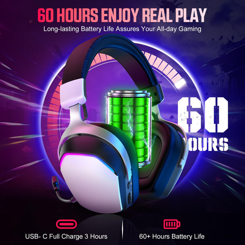 Wireless Gaming Headset for PS5 PS4 PC Mac Switch, RGB Headphones with 7.1 Surround Sound, Bluetooth 5.4, 60H Battery, Noise Canceling Mic & 50mm Drivers