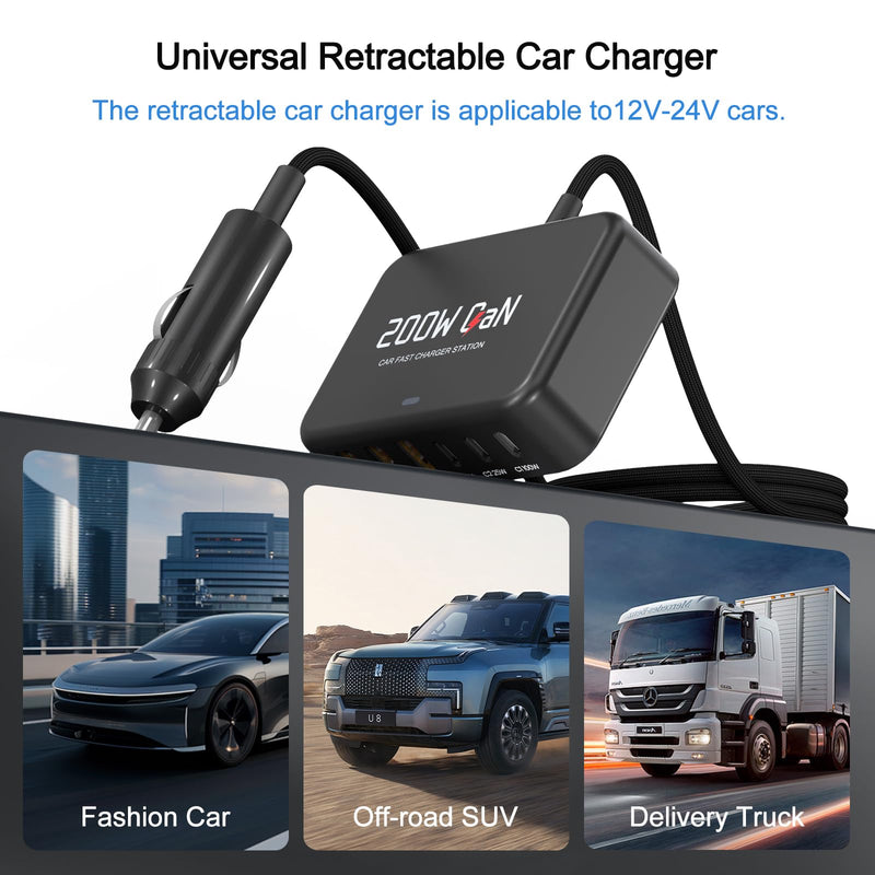 Dzytnsy 200W Car Fast Charging Station,6 Ports, Compatible with MacBook pro/Air/M5 M4 M3 M2 M1/Dell/Lenovo/HP,for iPhone 17/16/15 Series,Samsung Galaxy S26/S25 Ultra/S24 Series and More