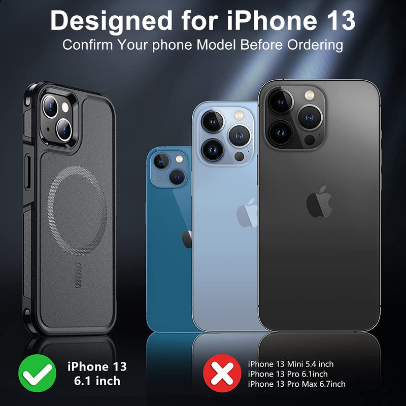 SPIDERCASE Designed for iPhone 13 Case, with [2 Pcs Tempered Glass Screen Protector] Compatible with Magsafe Shockproof Anti-Drop Military Protective Cover for iPhone 13 6.1 inch (Black) Magnetic Black