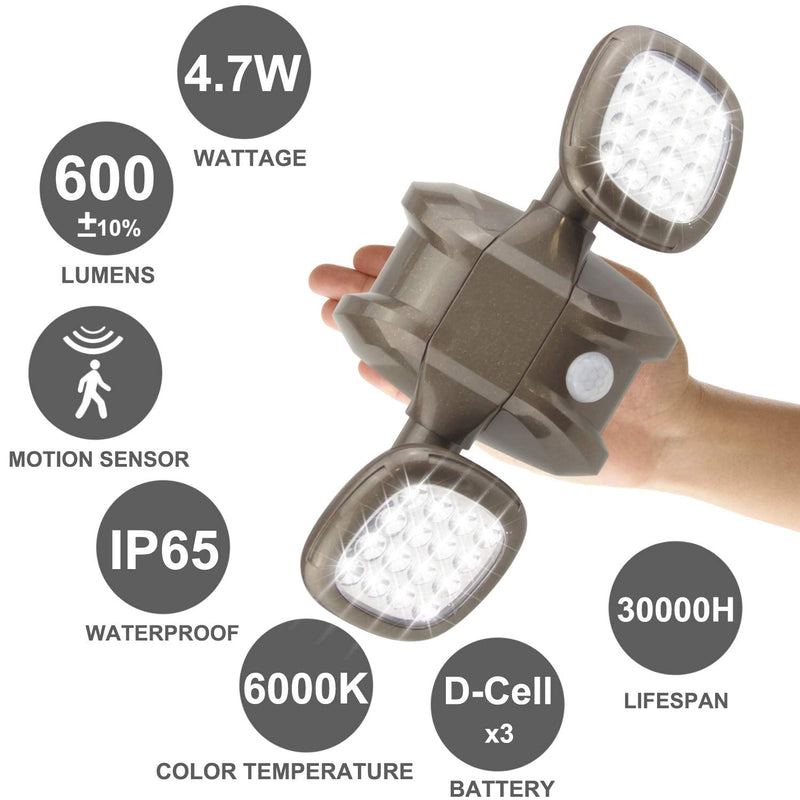 HONWELL Motion Sensor Light Outdoor Battery Operated Outside Security Flood Light Cordless IP65 Waterproof 32 LED Dual Head Spotlights, Motion Detector Lights for House Garage Porch Garden Shed brown