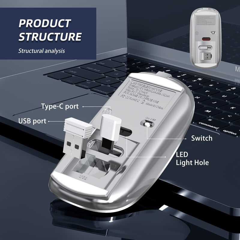 Halpilt Wireless Mouse Chargeable Portable Silent Wireless Mouse USB and Type-C Dual Mode Wireless Mouse 3 Adjustable DPI for Laptop, Mac, MacBook, Android, PC (Q23S Grey)