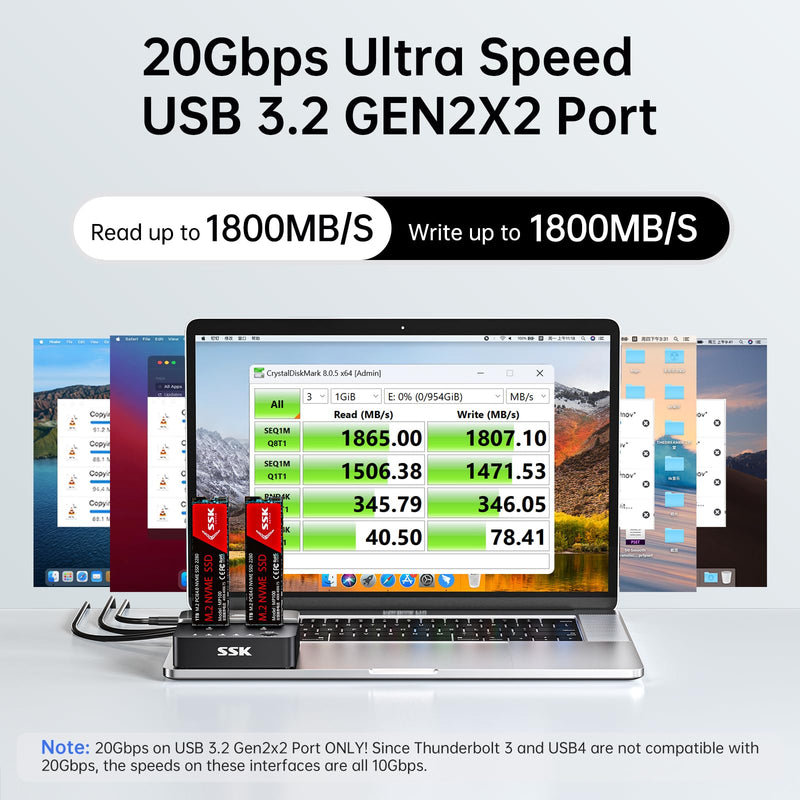 SSK M.2 SSD Cloner NVMe Duplicator Dual Bay Dock NVMe Enclosure Reader | For M Key PCIe NVMe Enclosure, 20Gbps USB3.2 Gen 2X2, Offline Clone Function, UASP Supported, Plug & Play, Tool Free